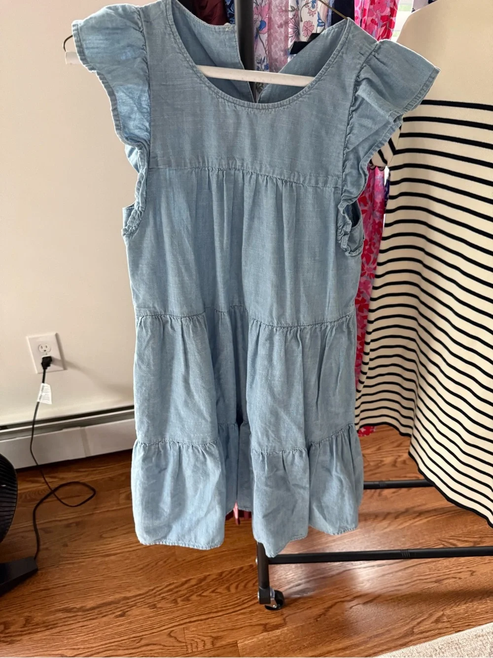J. Crew Light Blue Chambray Tiered Ruffle-Sleeve Dress